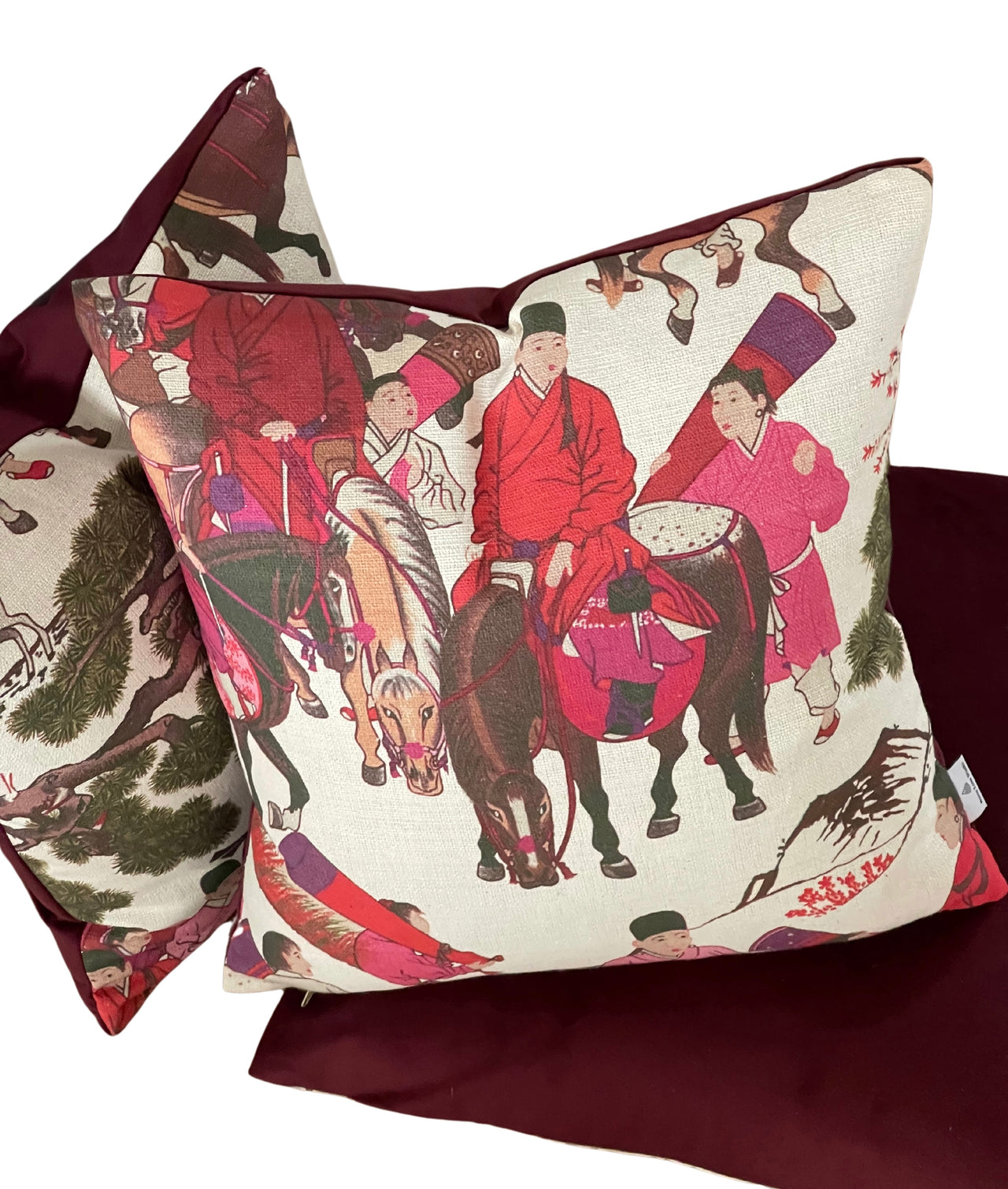 Mongolian Horsemen Oriental Cushion Covers – Red and Pink Outfits with Trees and Animals Design