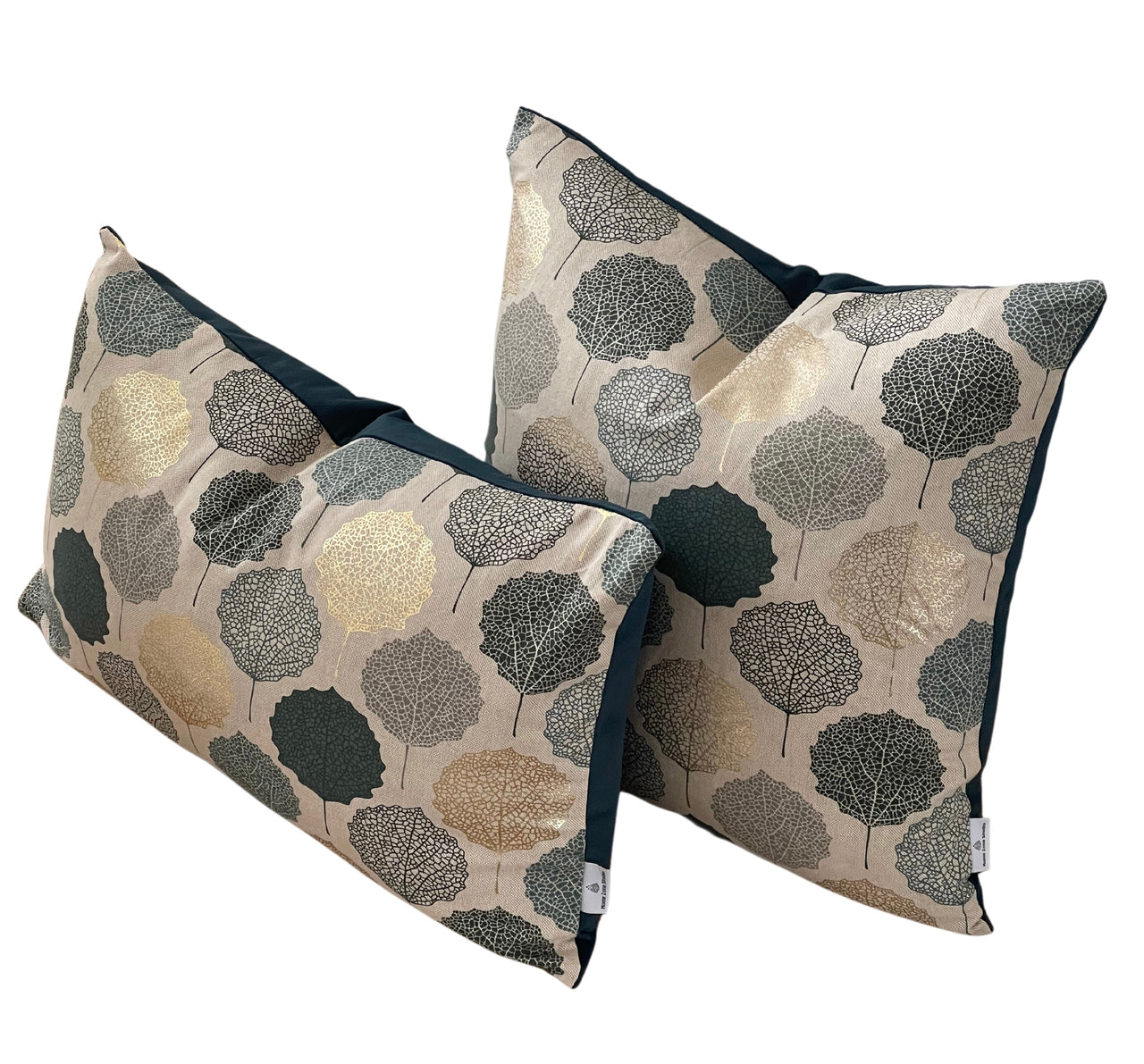 Teal Gold Grey Veins Leaf Cushion Cover - Nature-Inspired Scandi Geometric Pattern