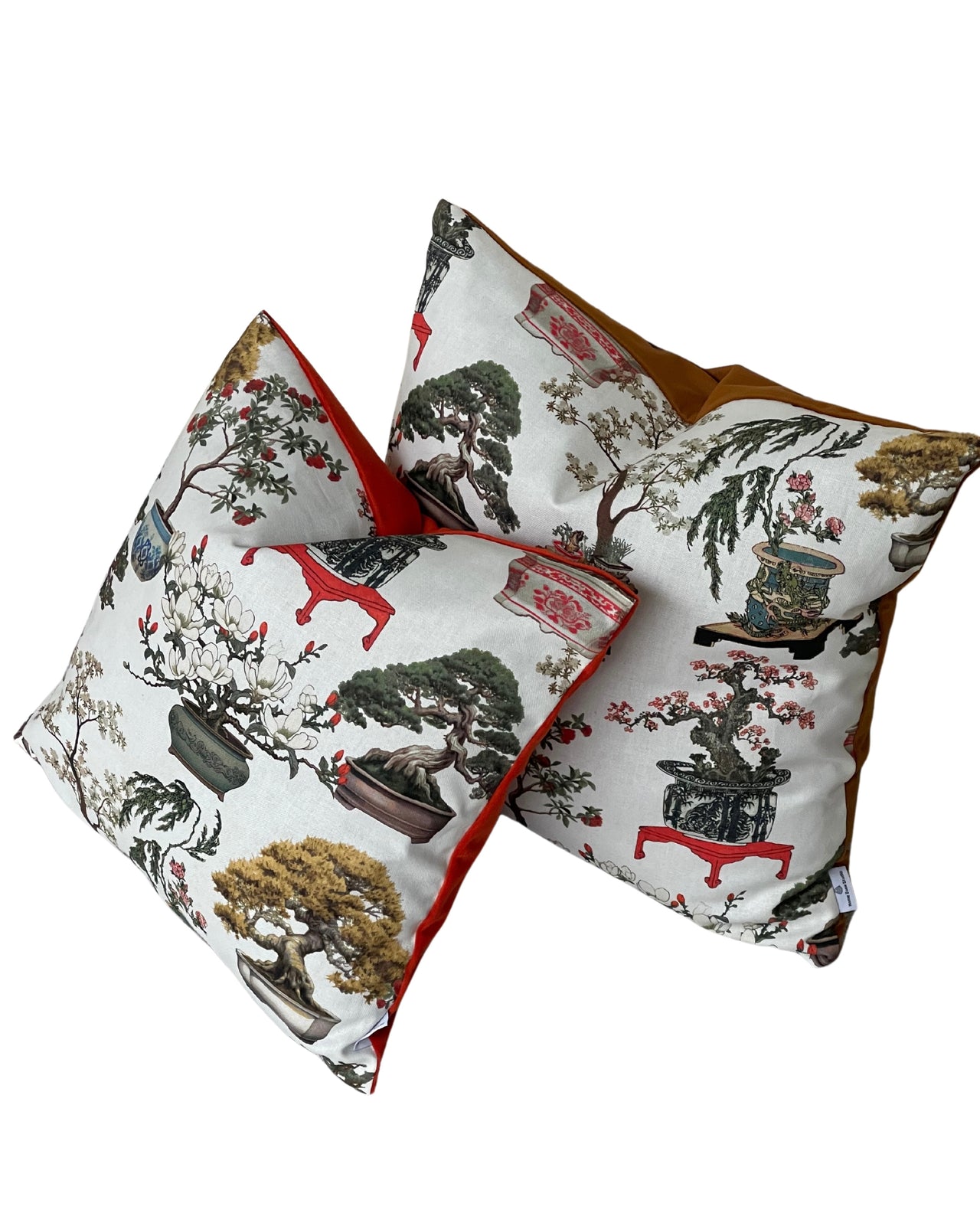 White Cushion Cover – Botanical Oriental Design with Bonsai Trees, Floral Blooms and Ming Pottery