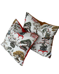 Thumbnail for White Cushion Cover – Botanical Oriental Design with Bonsai Trees, Floral Blooms and Ming Pottery