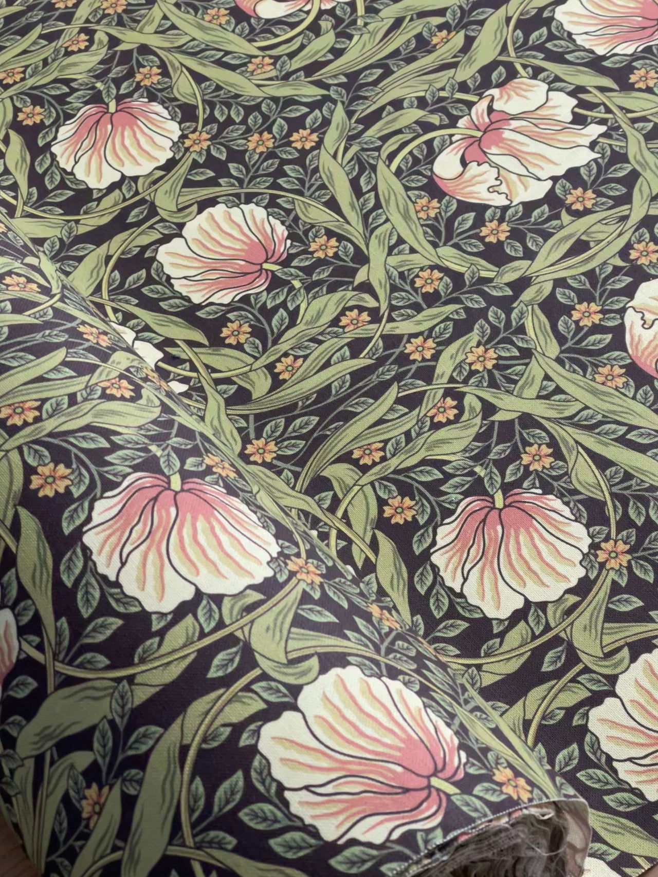 Vintage Style William Morris Fabric - Pimpernel Pattern with Tulips - Cotton Print, Sold by the Meter