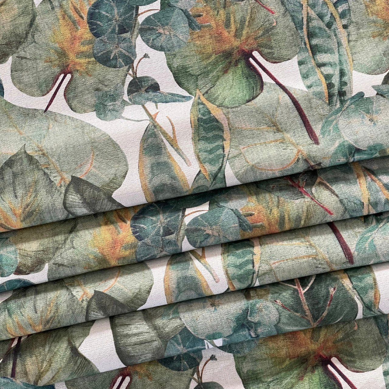 Tropical Oasis Botanical Fabric by the Meter: Houseplant Leaves Print / Greenery - Calathea, Snake Plant, and Elephant Ear