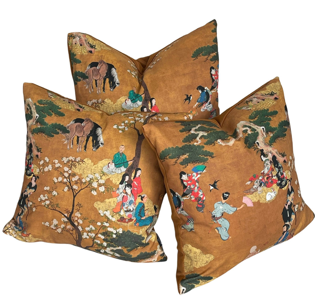 Oriental Cushion Cover – Geisha & Samurai in Mustard Yellow Cotton, Cherry Blossom Design