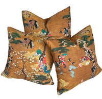 Thumbnail for Oriental Cushion Cover – Geisha & Samurai in Mustard Yellow Cotton, Cherry Blossom Design