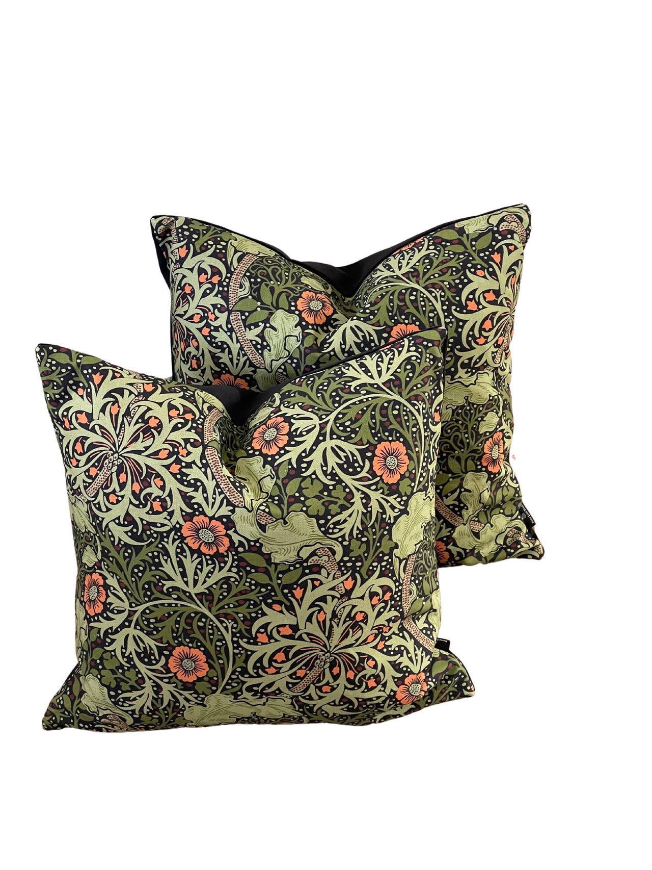 William Morris Cushion Cover Green Seaweed Floral Vintage Design with Orange Flowers Home Decor