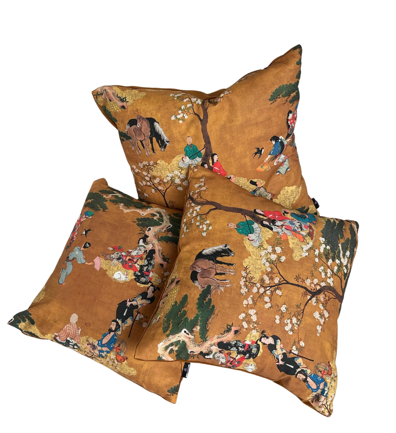 Oriental Cushion Cover – Geisha & Samurai in Mustard Yellow Cotton, Cherry Blossom Design