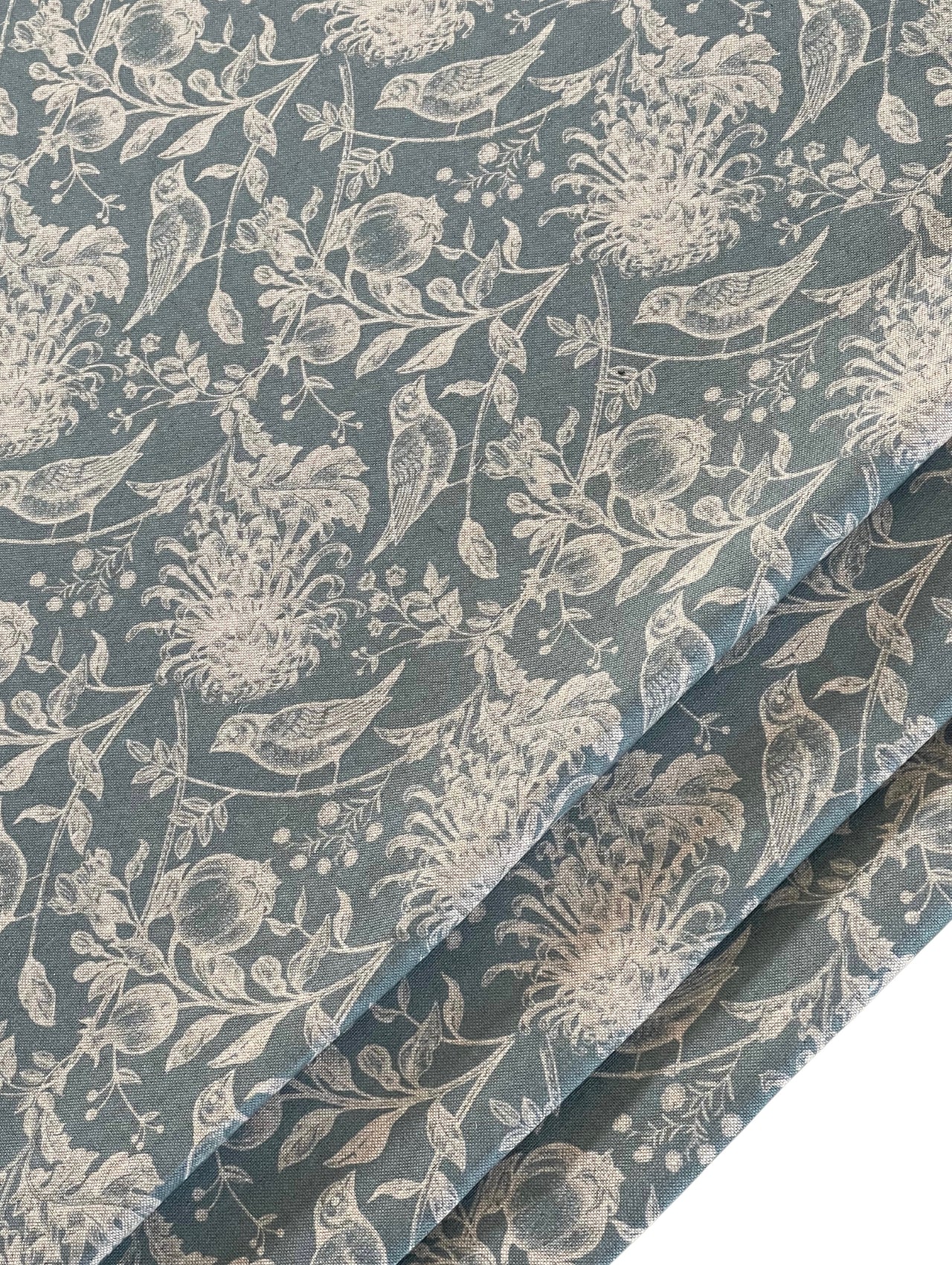 Steel Blue Floral Cotton Linen Fabric with Robin Birds – Ideal for Blinds, Curtains, Quilting, & Home Decor