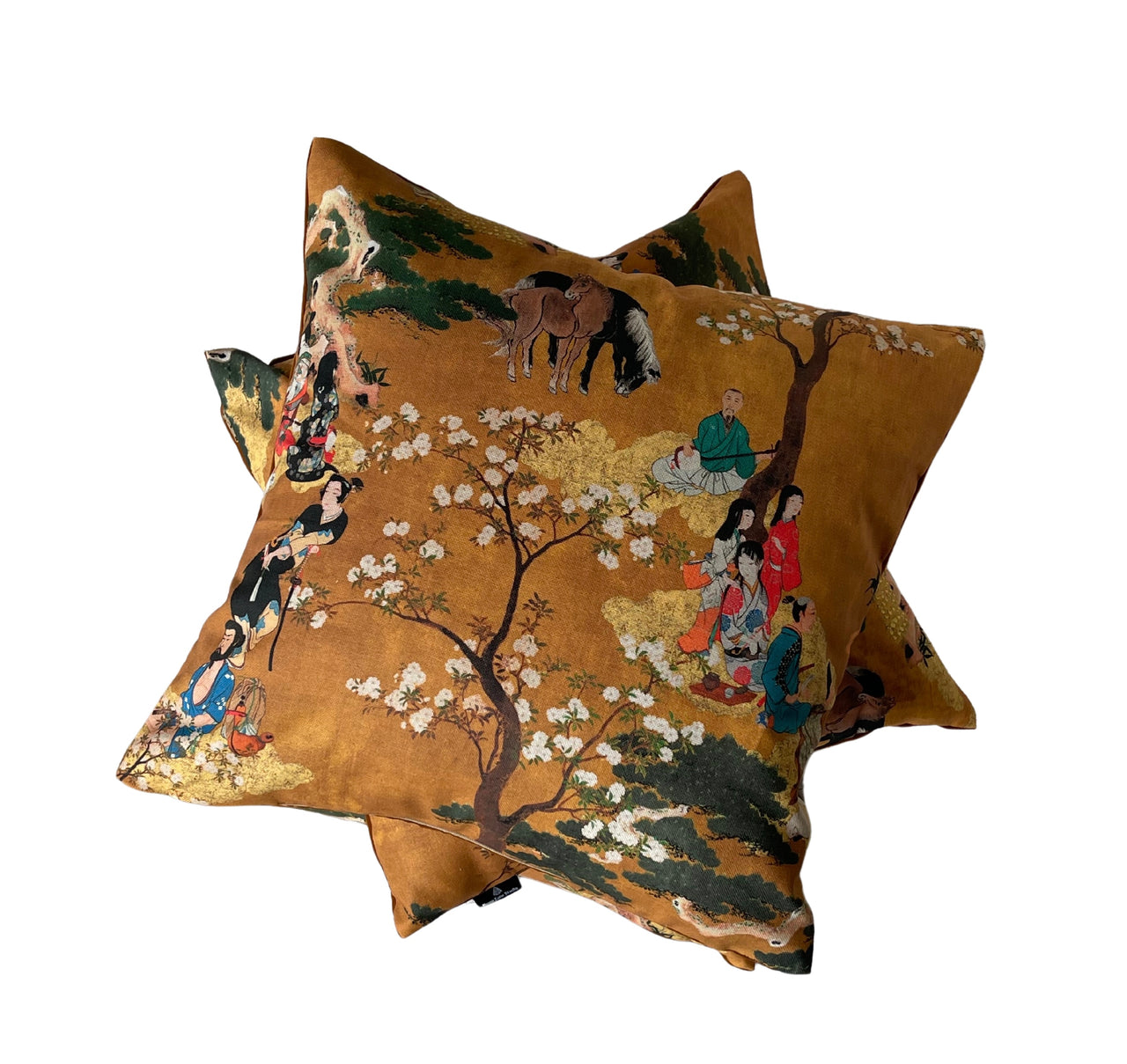 Oriental Cushion Cover – Geisha & Samurai in Mustard Yellow Cotton, Cherry Blossom Design