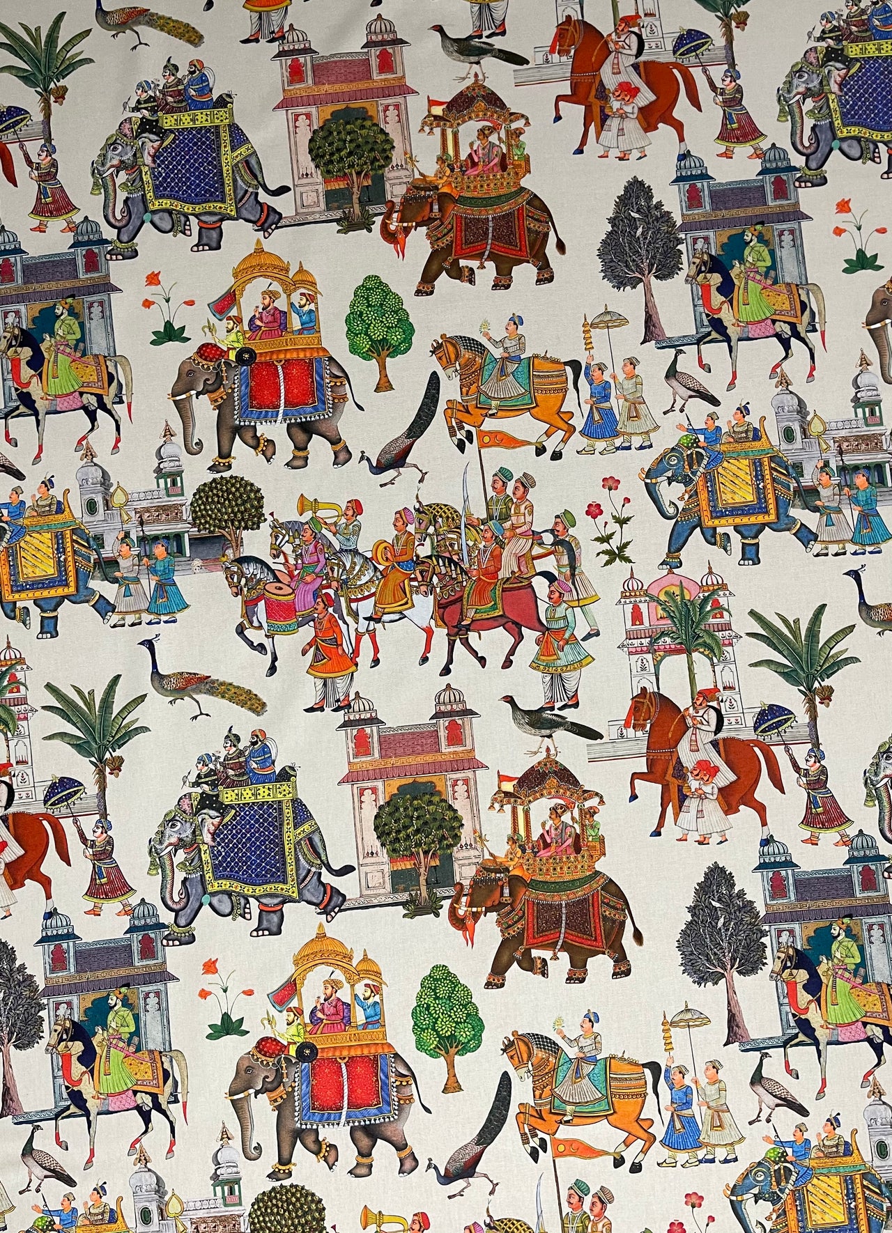 Custom - Made to Measure Roman Blinds - Jaipur Pattern with Off-White Cotton Fabric featuring Elephants, Palm Trees, Birds, and Animals