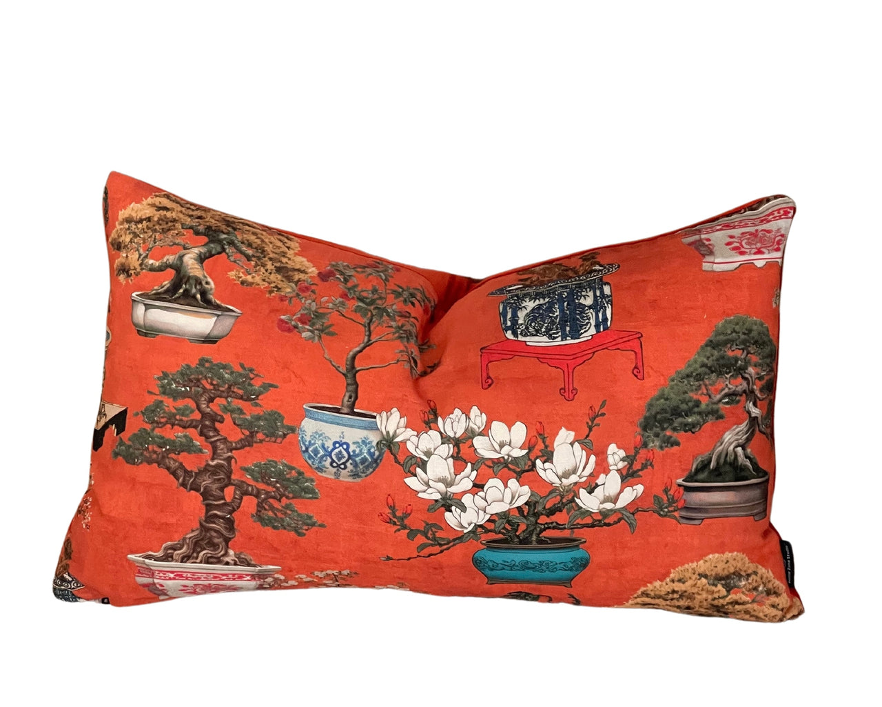 Scarlet Red Cushion Cover – Botanical Oriental Design with Bonsai Trees, Floral Blooms & Ming Pottery