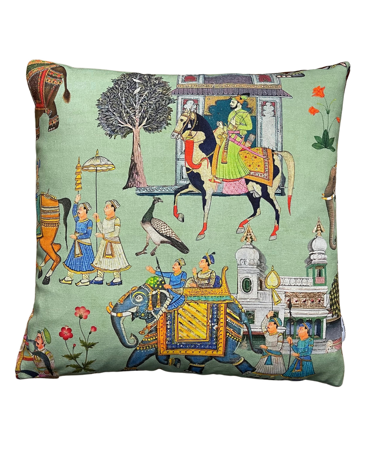 Indian-Inspired Green Cushion Cover with Maharaja Horses, Elephants, Trees, and Peacocks
