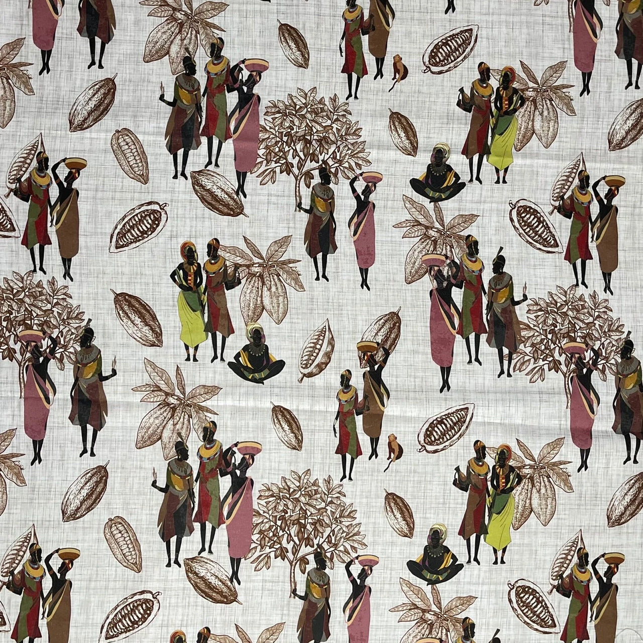Patterned fabric with illustrations of people carrying baskets and flowers on a neutral background