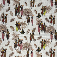Thumbnail for Patterned fabric with illustrations of people carrying baskets and flowers on a neutral background