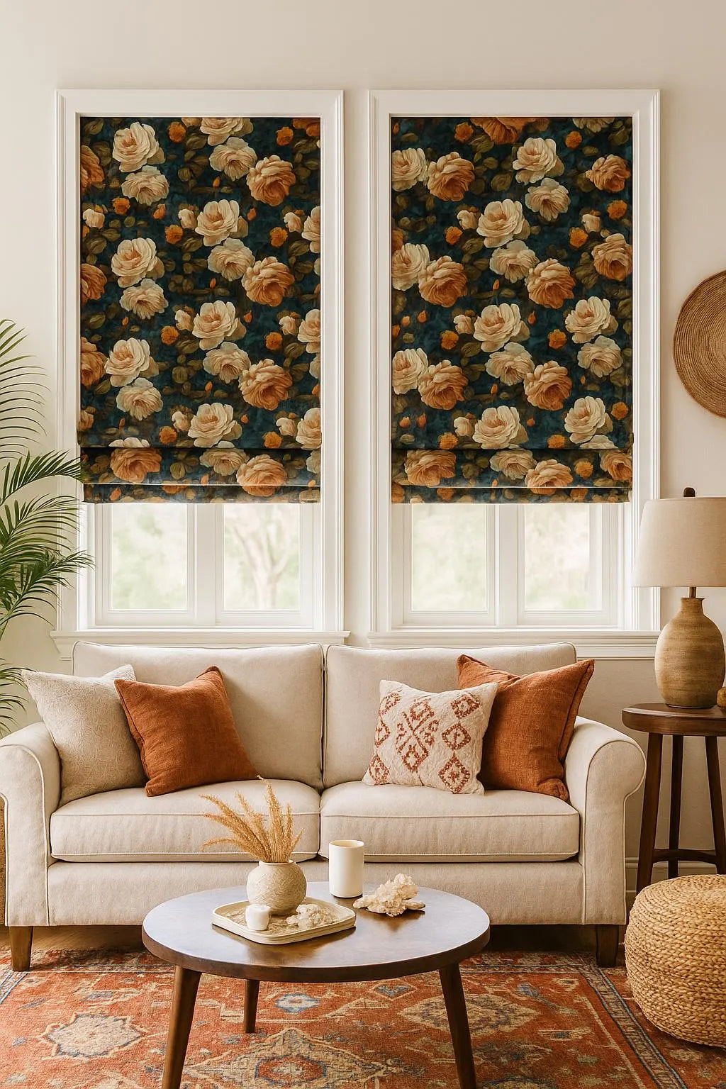 Amber rose patterned fabric on teal cotton – designed for Roman blinds, statement cushions, or vintage-style curtains