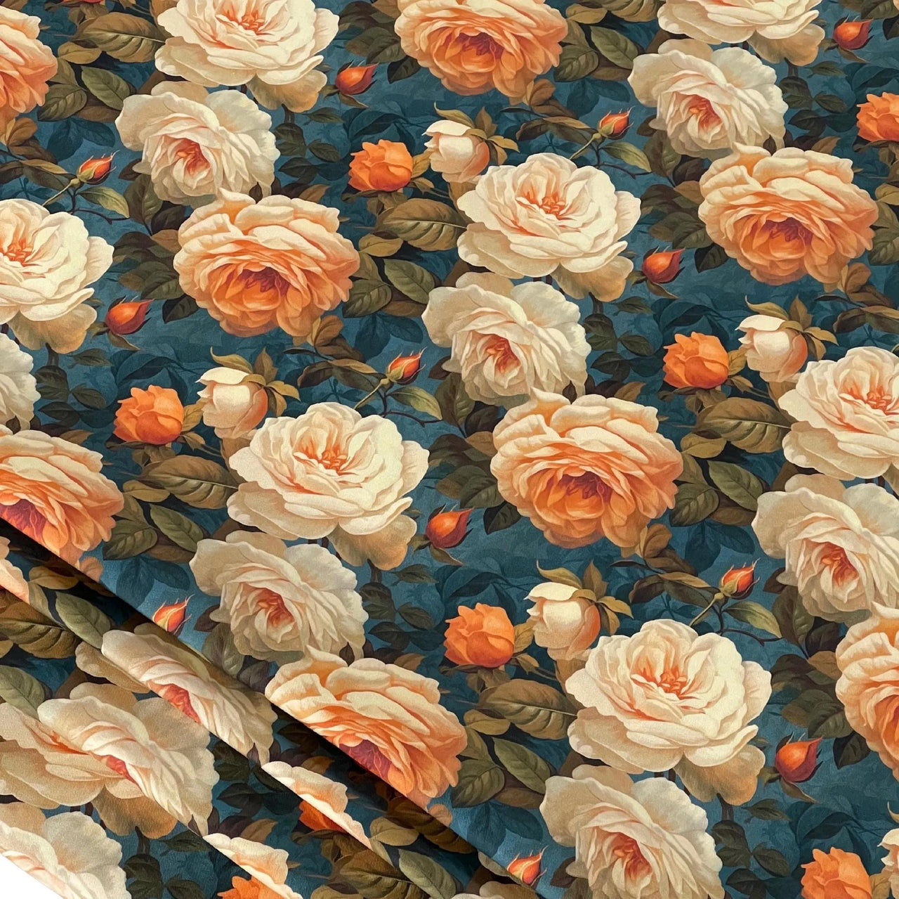 Vintage Rose Garden Fabric – Amber & Teal Floral Cotton for Curtains, Blinds & Upholstery