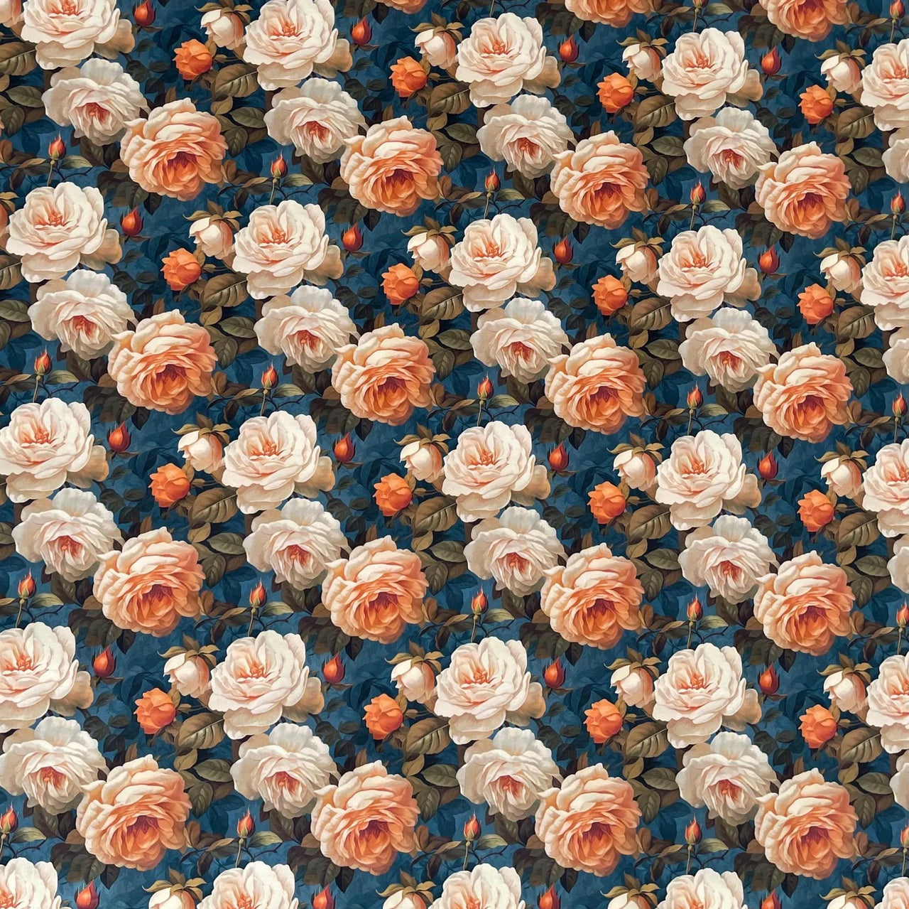 Vintage Rose Garden Fabric – Amber & Teal Floral Cotton for Curtains, Blinds & Upholstery