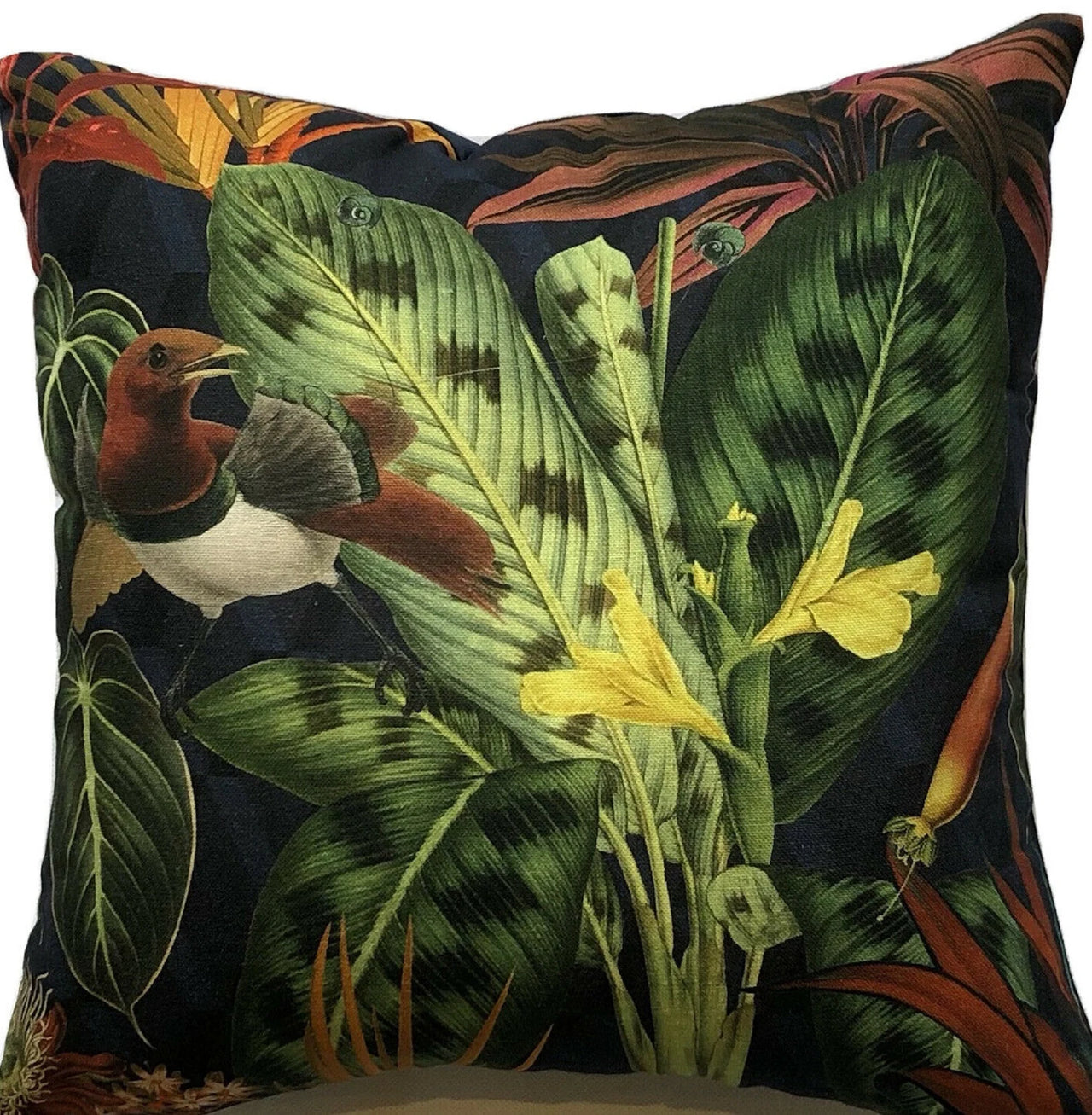 Colorful jungle cushion with bird and flower design