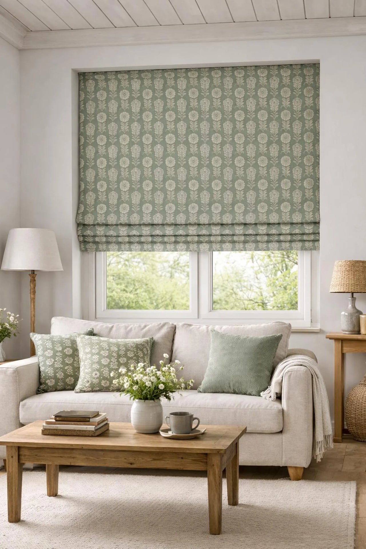 Green botanical fabric with repeating Nordic folk flower pattern