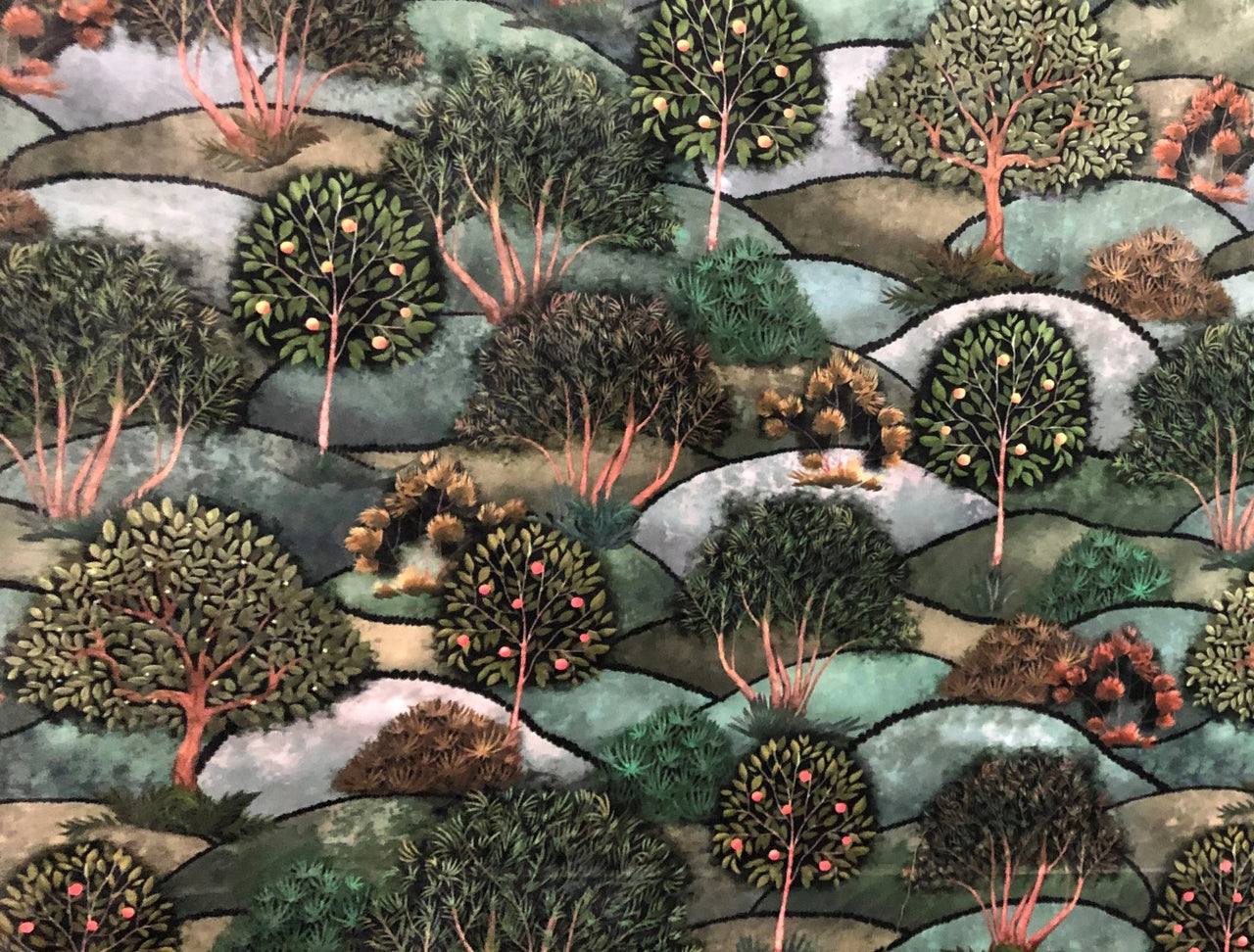 Artistic apple tree and hills design fabric