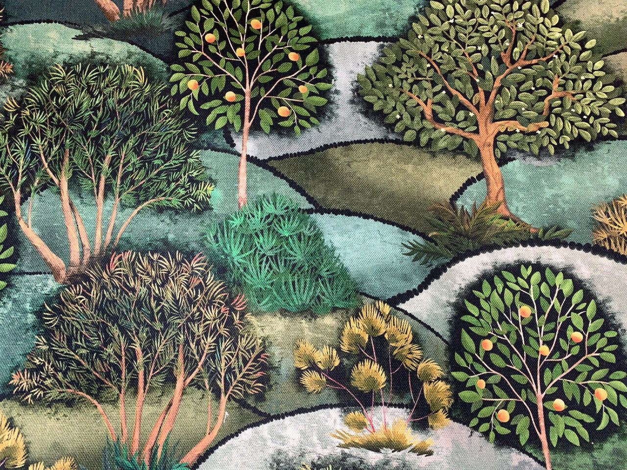 Pattern of trees and bushes on a textured fabric background