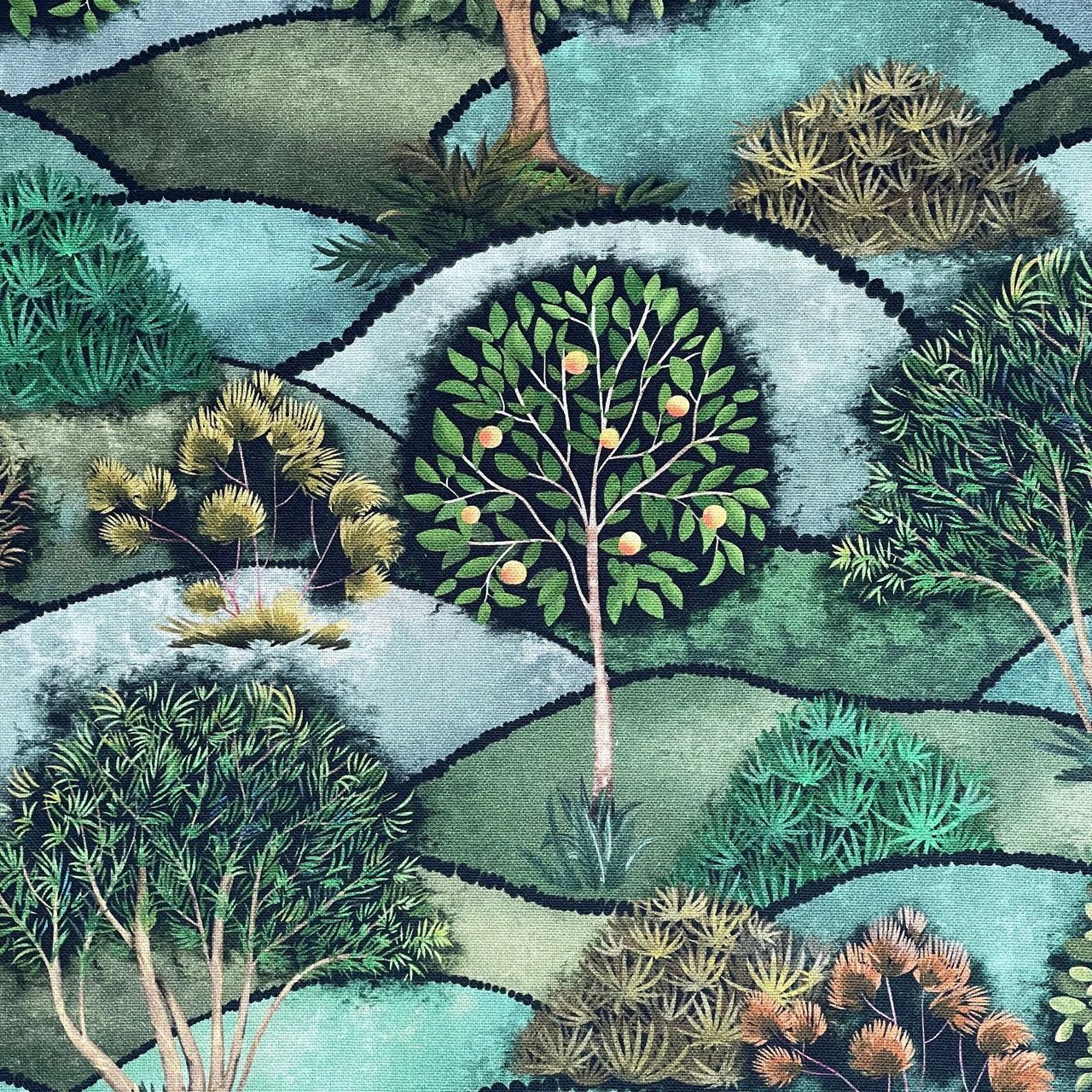 Artistic depiction of a forest landscape with trees and bushes on a textured fabric background.