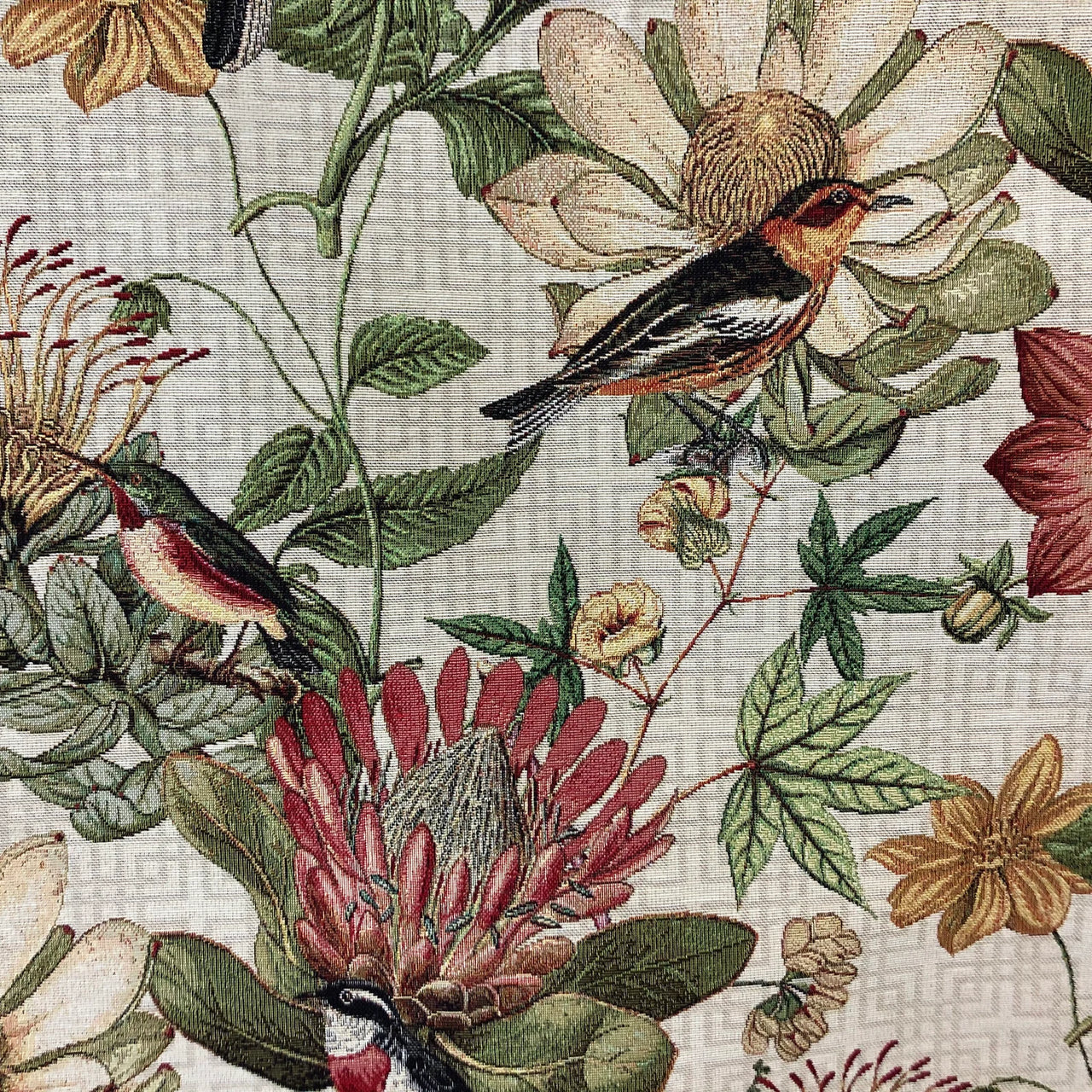 Vintage tapestry fabric with flowers and birds.