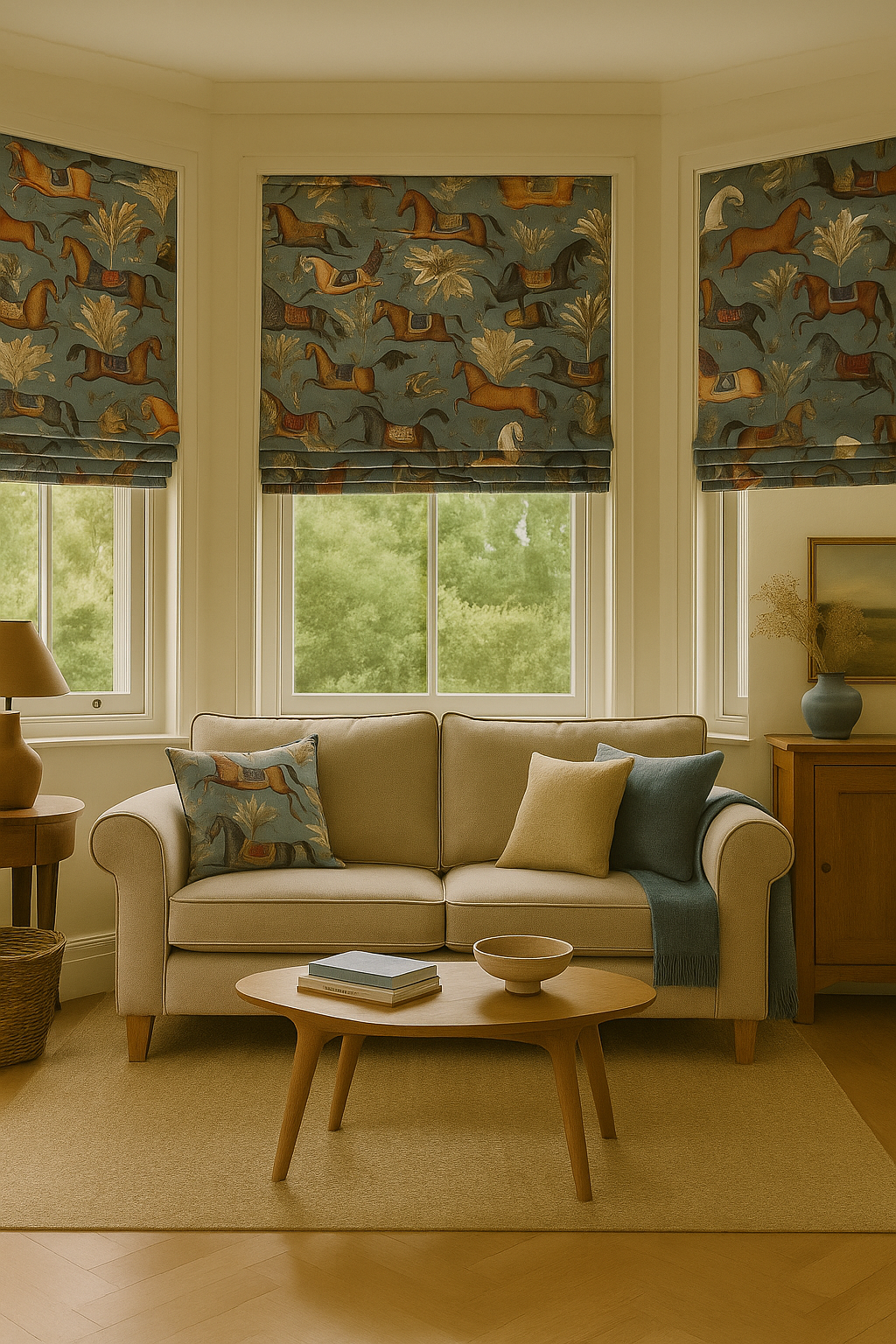 Living room with beige sofa, patterned cushions, and decorative items.
