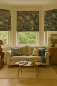 Thumbnail for Living room with beige sofa, patterned cushions, and decorative items.