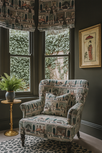 Thumbnail for Raj Mahal print armchair with soft organic cotton upholstery in earthy tones

