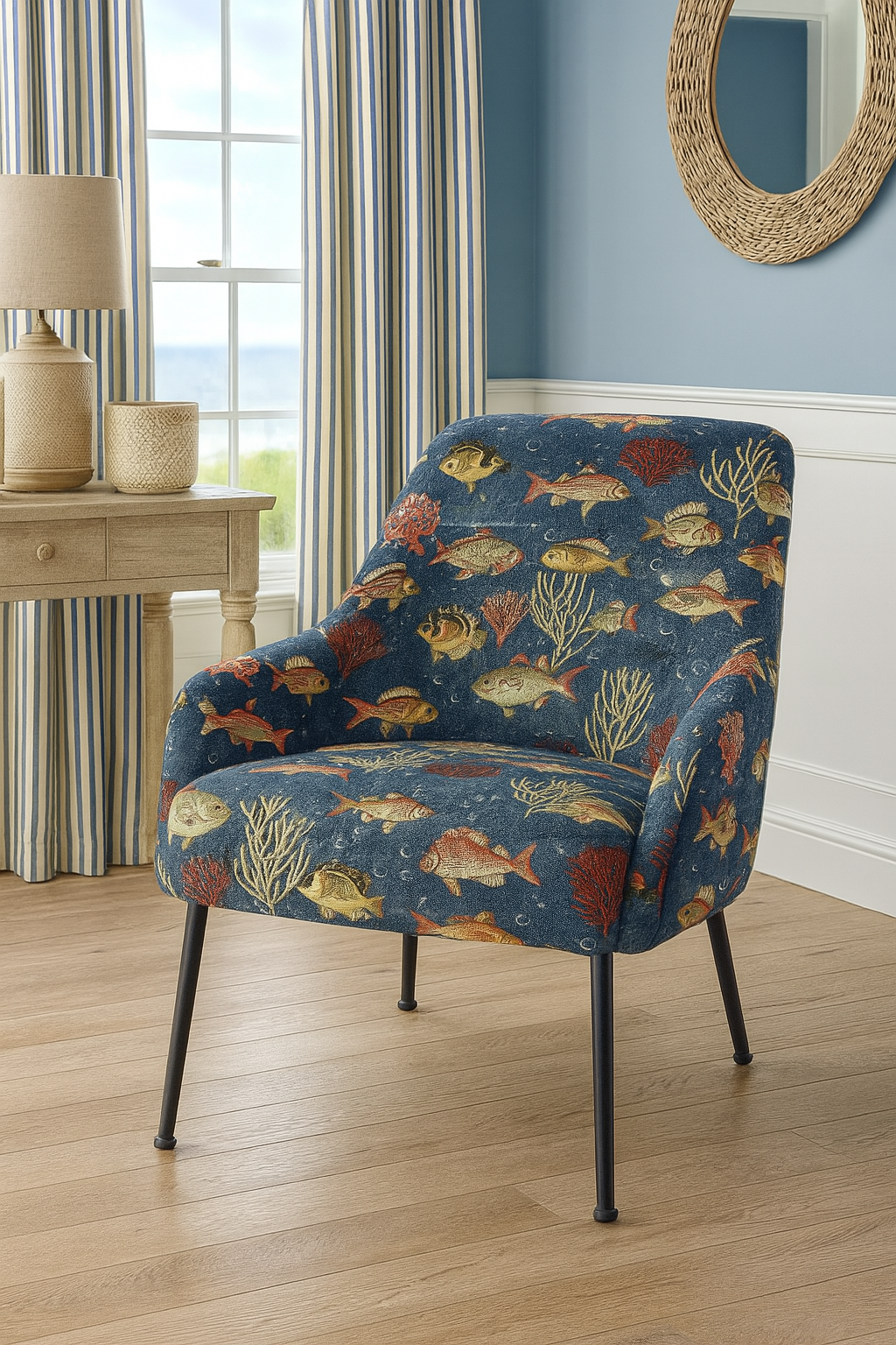 Coastal interior design with nautical fish pattern chair.