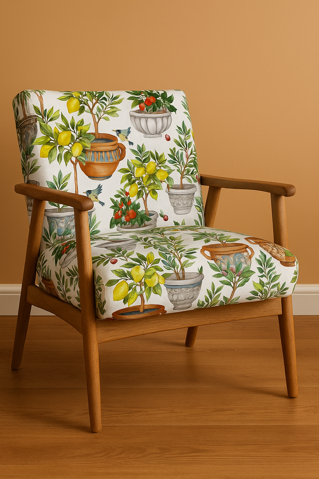Wooden armchair upholstered in citrus-themed fabric.