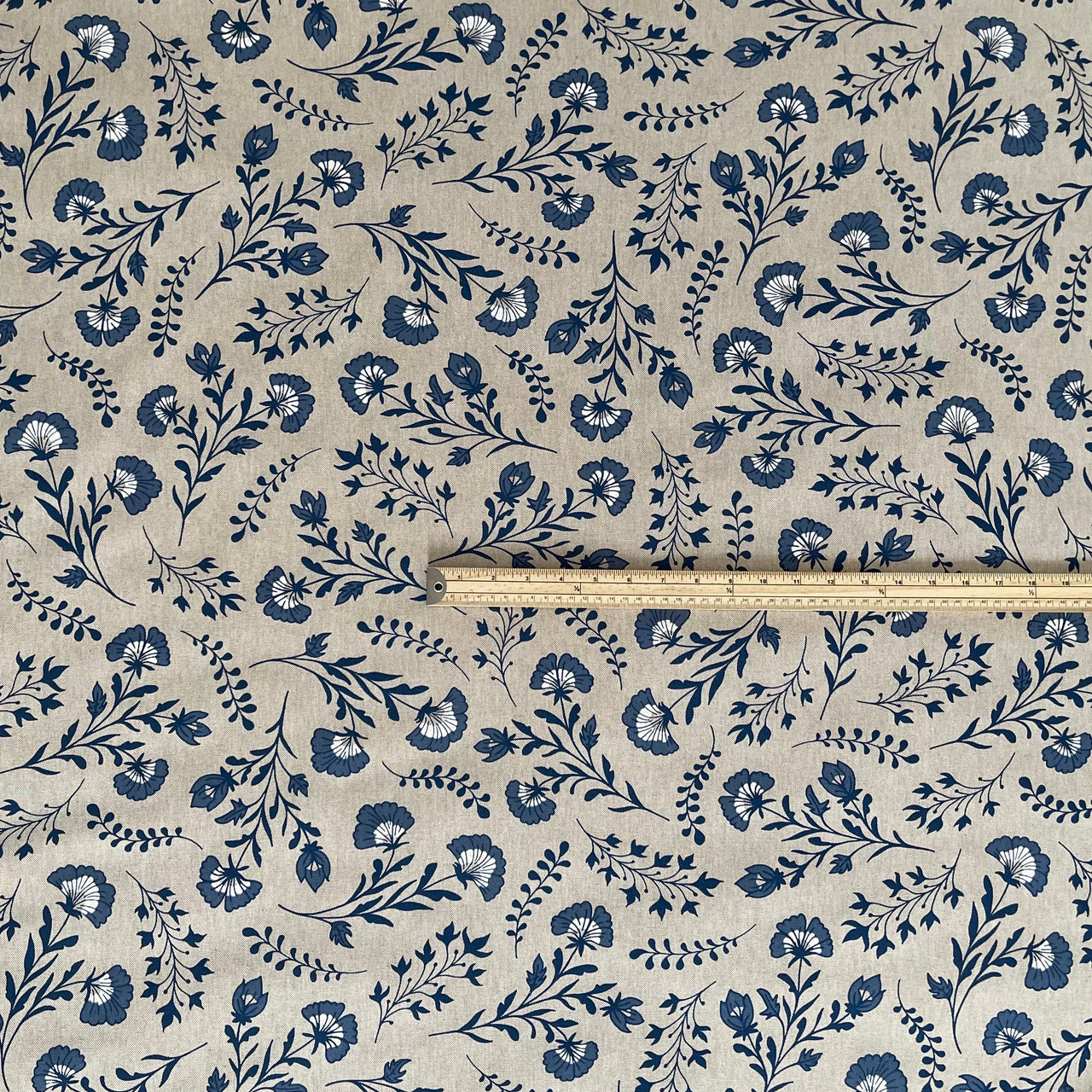 Blue flower vines on neutral cotton blend
