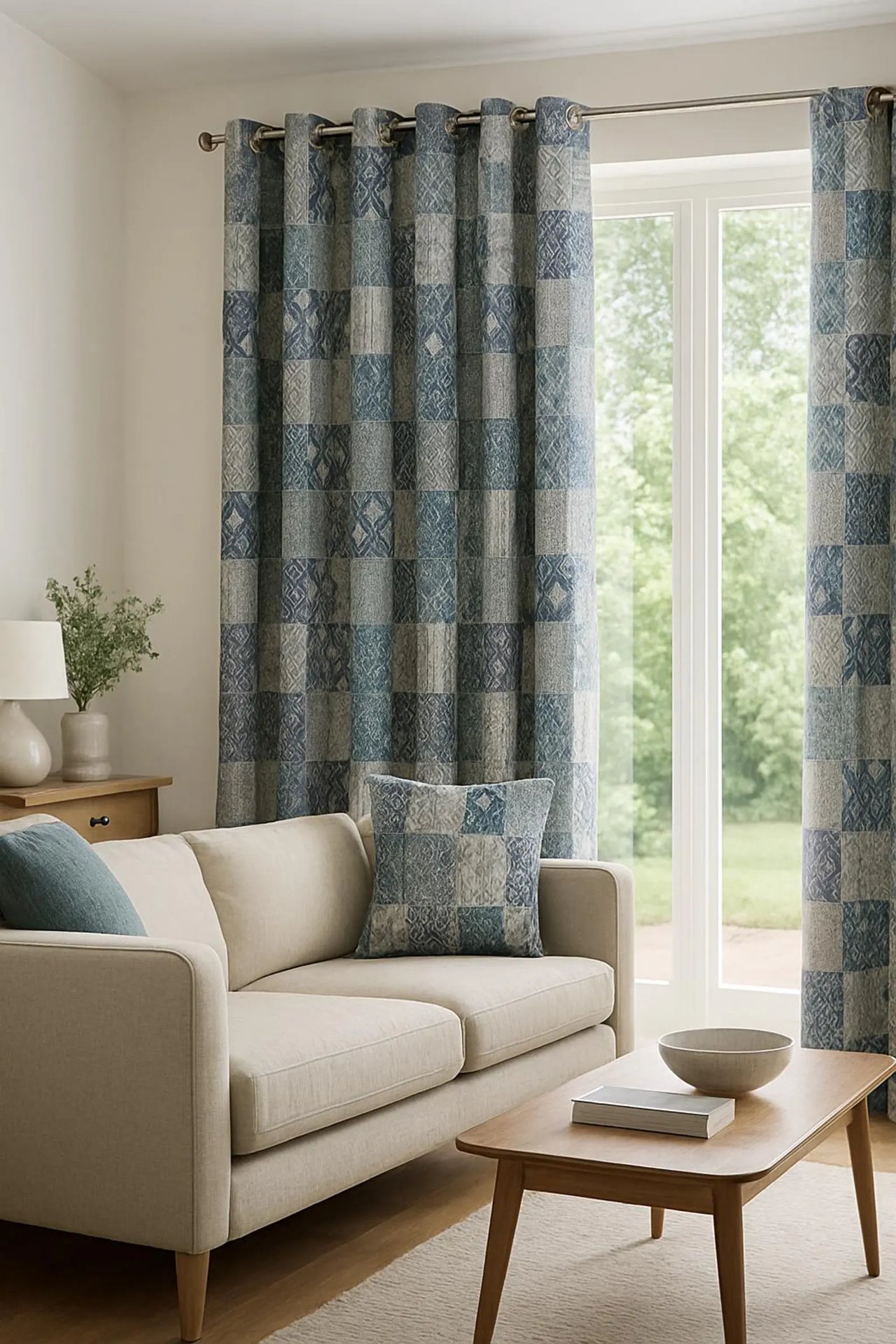 Cotton linen look fabric with blue and grey geometric blocks