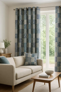 Thumbnail for Cotton linen look fabric with blue and grey geometric blocks