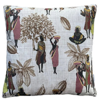 Thumbnail for Decorative pillow with African-themed design featuring people and plants on a white background.