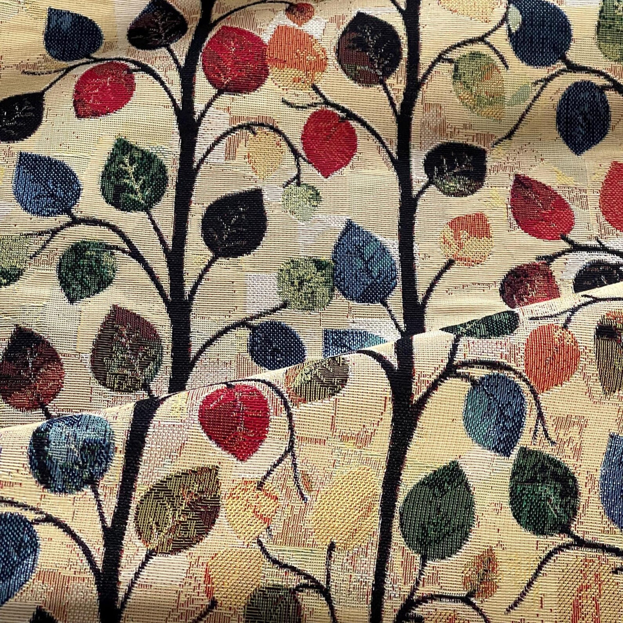 Autumn Grove Leaves gobelin upholstery fabric with multicolour woodland leaf pattern