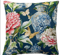 Thumbnail for Botanical throw pillow cover with blooming pink flowers, ornate blue vases, and yellow butterflies on a dark teal fabric.