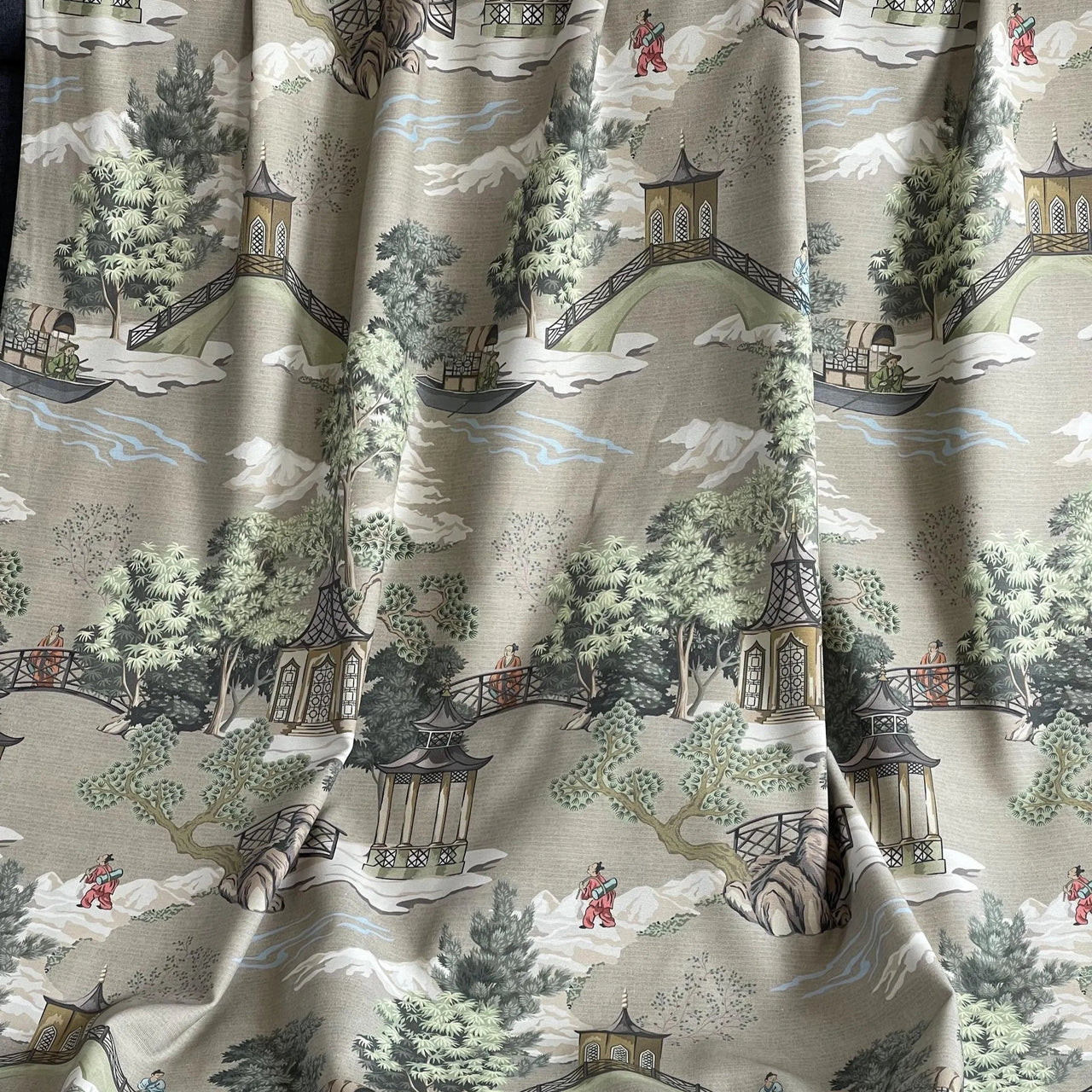 Pagodas and rivers on scenic Pagoda Garden home décor fabric