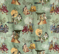 Thumbnail for Traditional Japanese scene with people in colorful attire on a textured green background