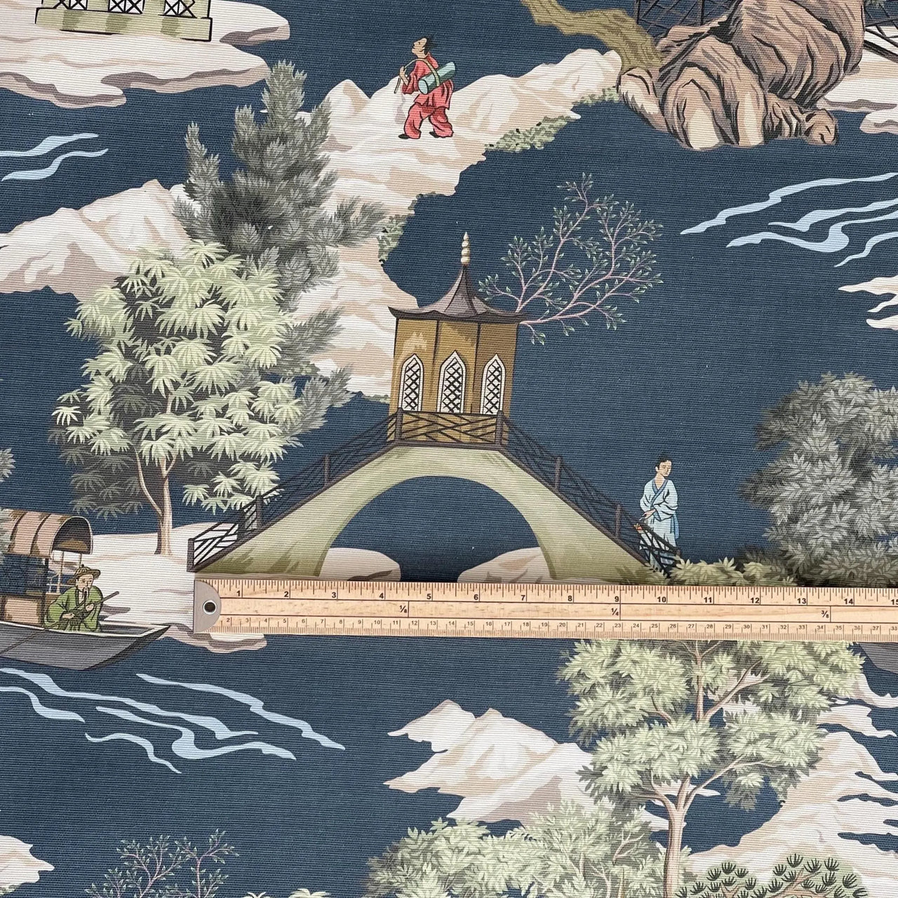 Large pattern repeat chinoiserie cotton blend fabric in blue