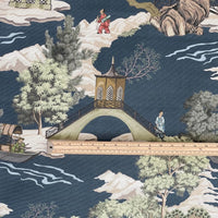Thumbnail for Large pattern repeat chinoiserie cotton blend fabric in blue