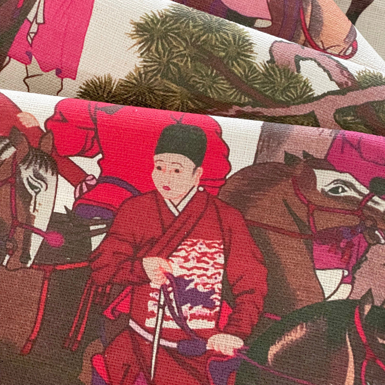 Mongolian horsemen cotton fabric with oriental red and pink figures