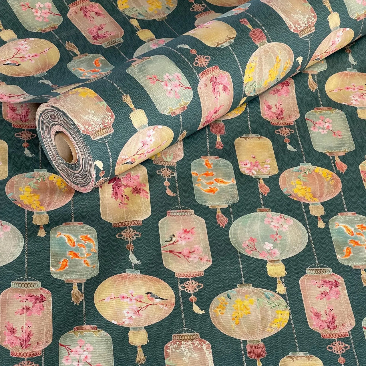 Decorative sewing fabric with cherry blossoms and koi fish