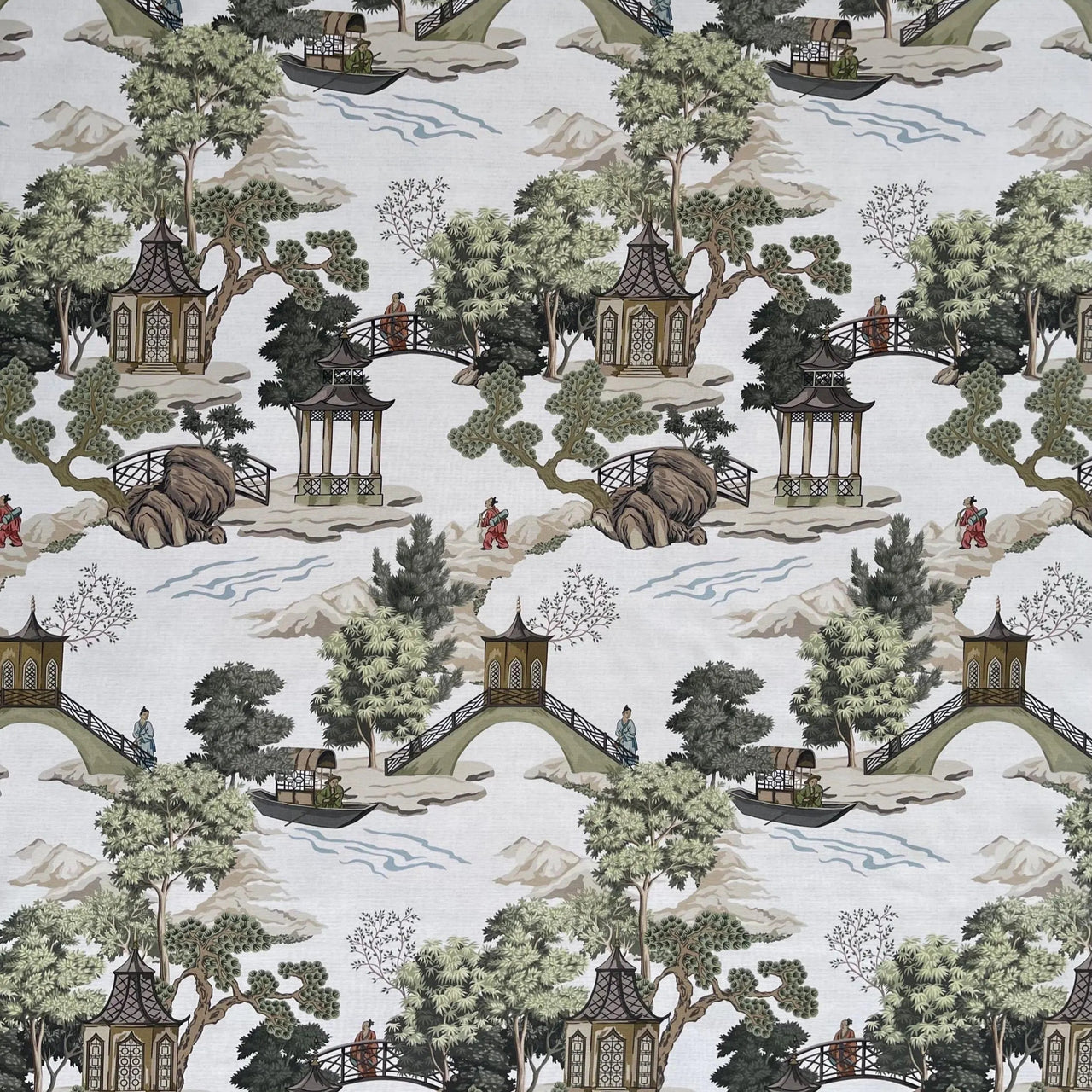 Scenic chinoiserie cotton blend with oriental charm