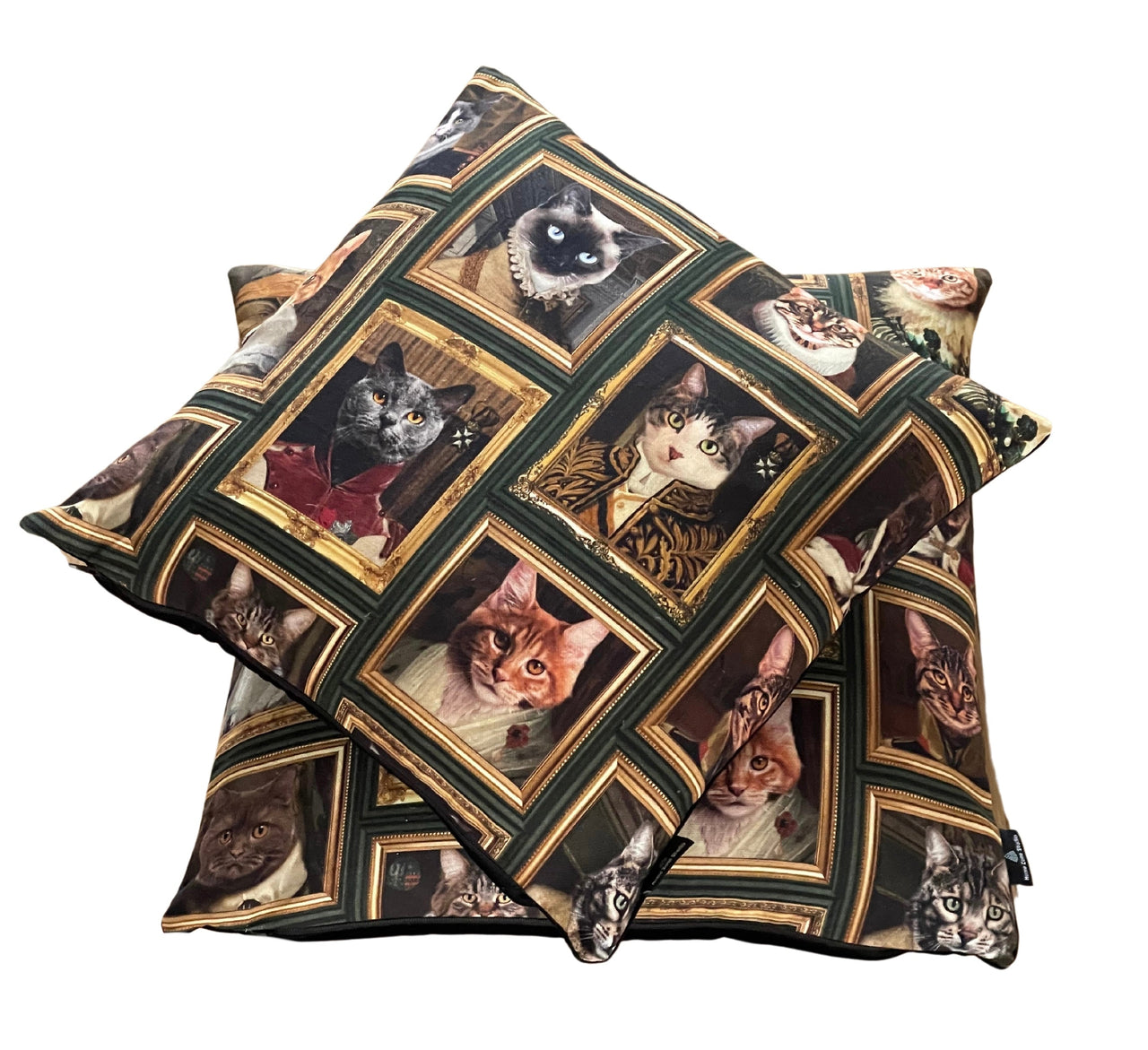 Victorian-inspired cat portraits on plush cushion