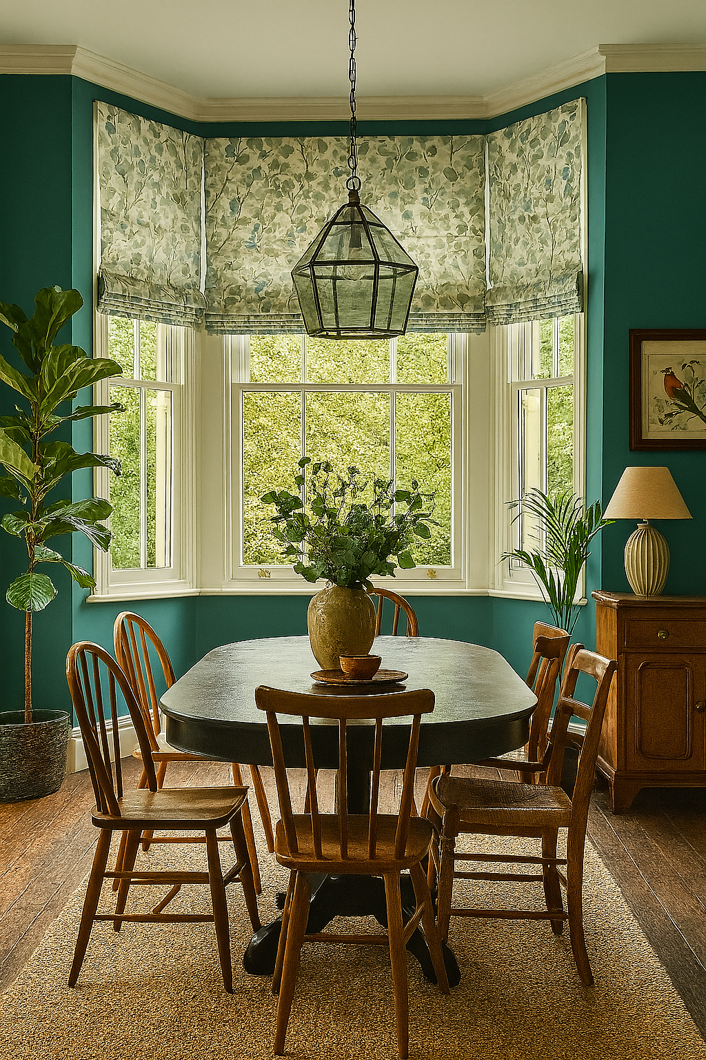 Roman blinds made from eucalyptus print fabric in a cozy dining room with teal walls and wooden furniture.