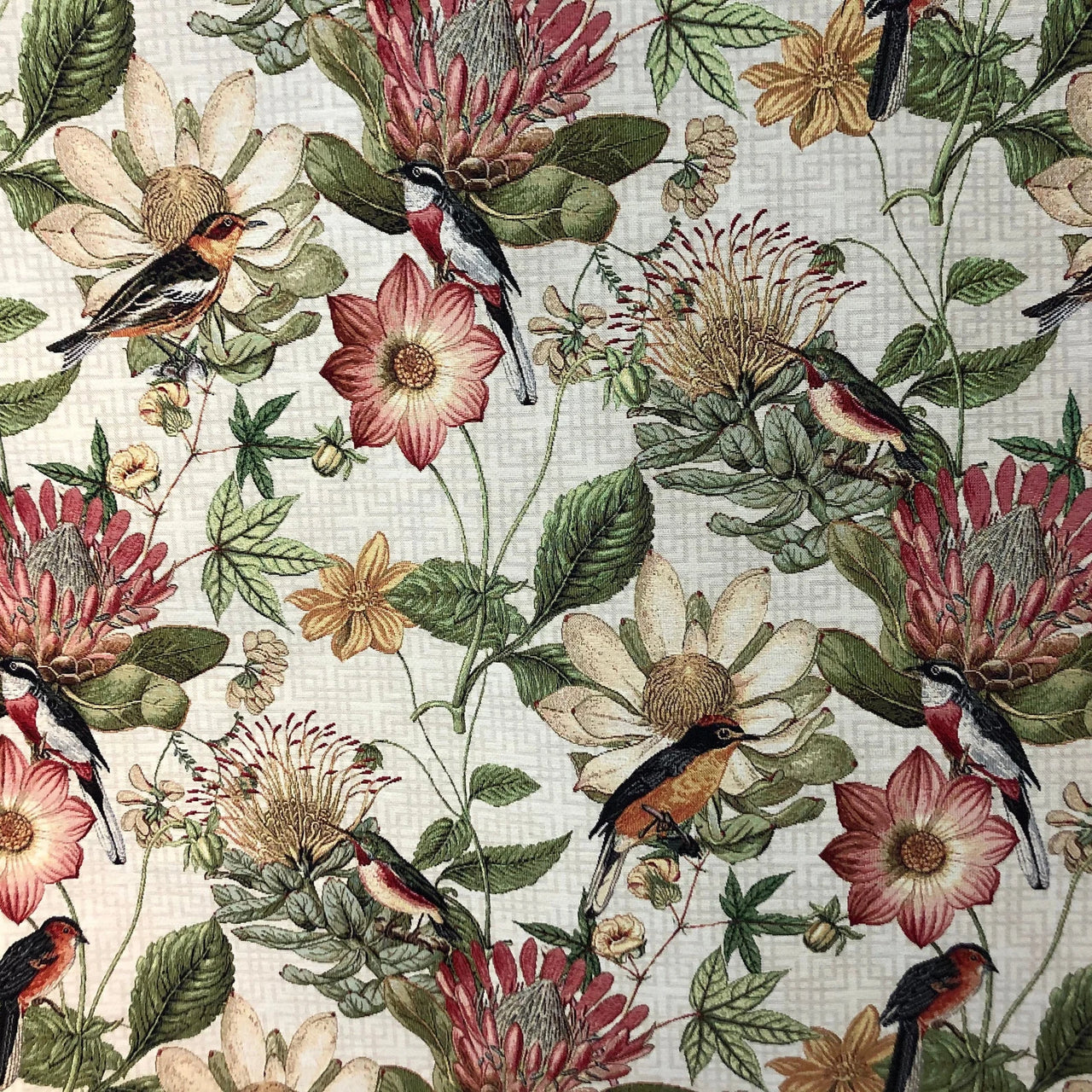 Woven upholstery fabric with colorful garden print.