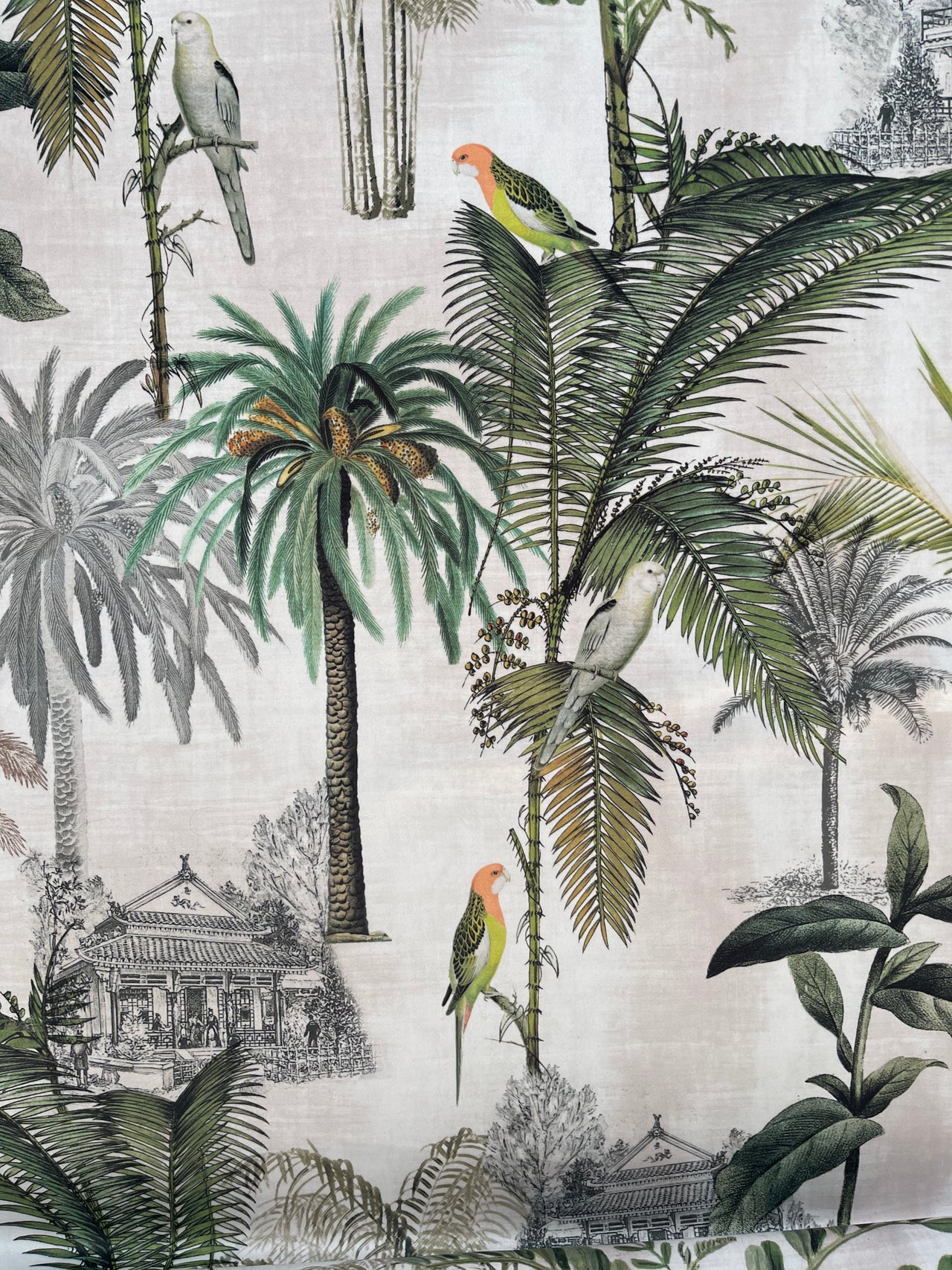 Exotic birds and greenery printed on velvet