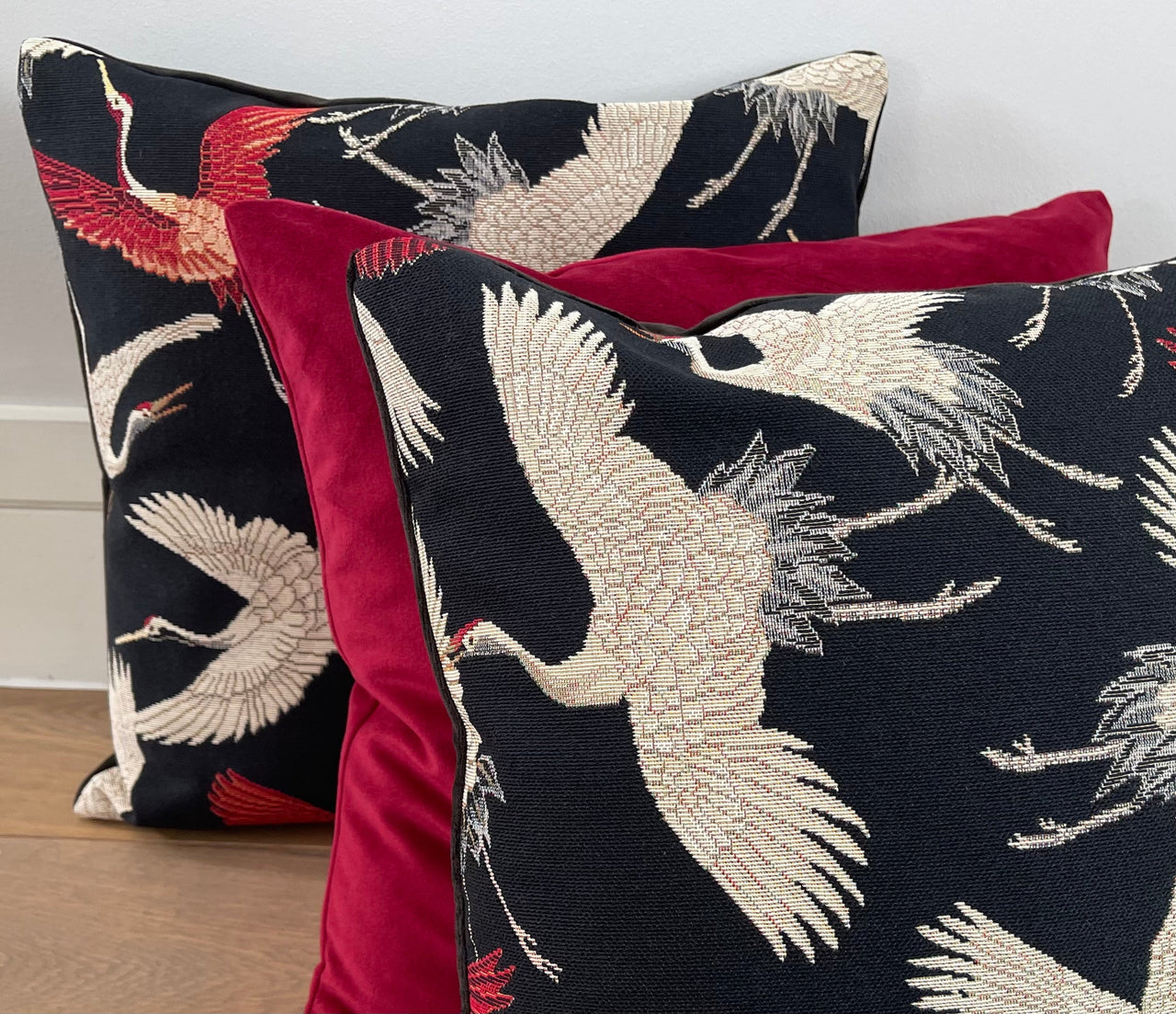 Flying cranes pillow with velvet backing.

