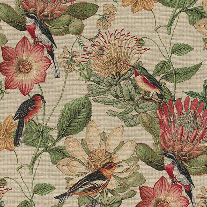 Woven fabric with beige background and botanical design.